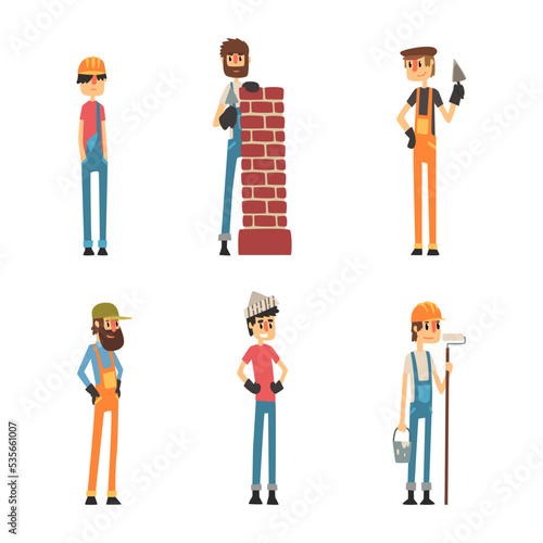 Construction staff characters set. Handyman, builder, painter, contractor, repairman, workman or foreman cartoon vector illustration