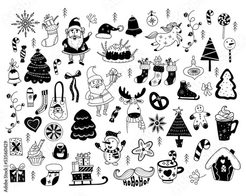 Big Christmas set doodles. Santa Claus, snowman, christmas cake and tree, sleigh with gifts and gingerbread, sock and unicorn, new year decor, skates, elk and garland. Isolated vector hand drawings