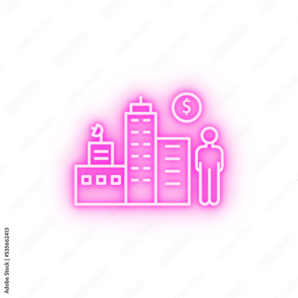 Man office building dollar neon icon Man office building dollar neon icon