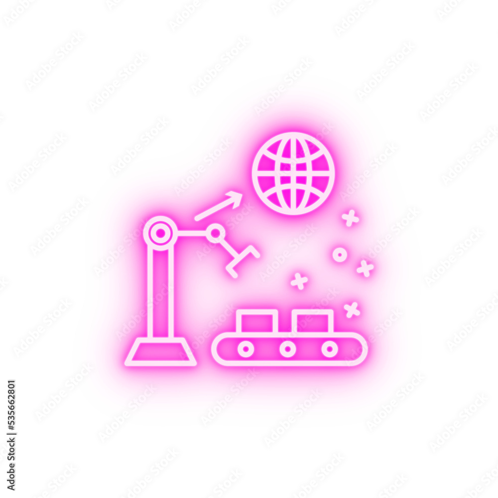 Production globe crane neon icon Production globe crane neon icon