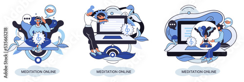 Meditation online metaphor. Classes on laptop, practicing yoga, mental exercises. Live stream, internet education. Wellness practice restore peace mind. Healthy lifestyle, clearing brain and managing
