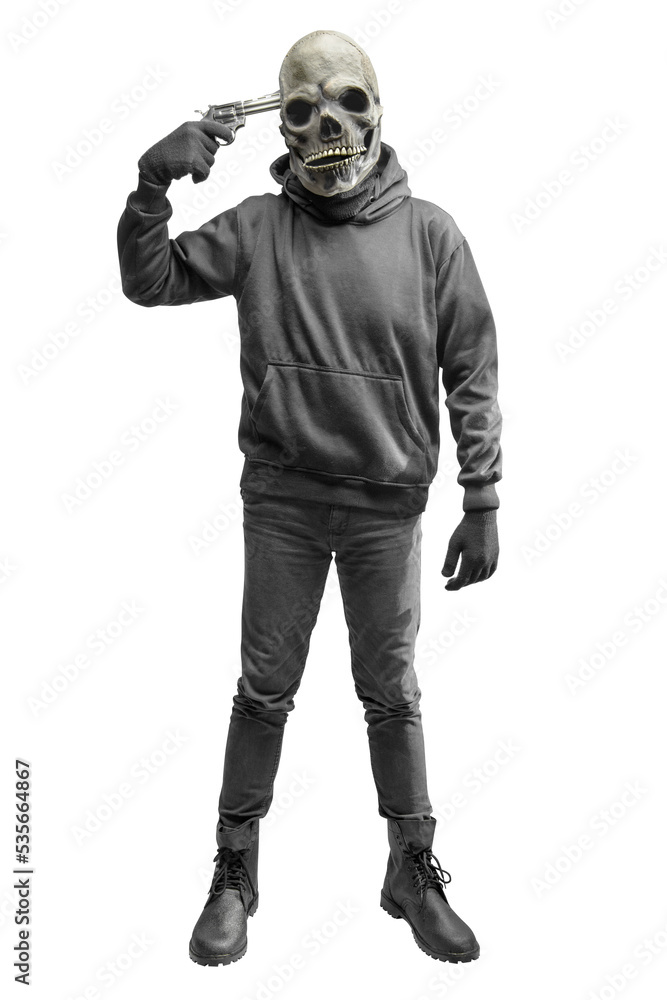 Man with a skull head costume for Halloween holding gun