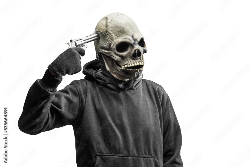 Man with a skull head costume for Halloween holding gun Man with a skull head costume for Halloween holding gun