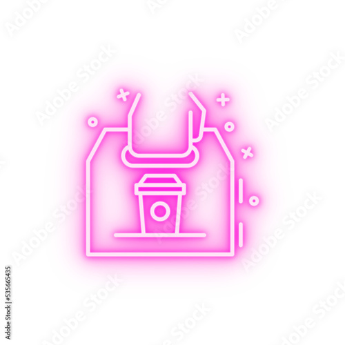 Coffee beans bag hand neon icon