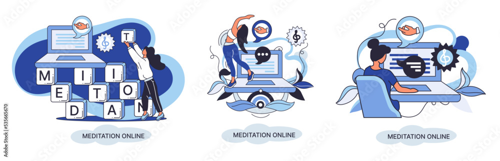 Meditation online. Classes laptop, practicing yoga, mental exercises metaphor. Live stream, internet education. Wellness practice restore peace of mind. Healthy lifestyle, clearing brain and managing Meditation online. Classes laptop, practicing yoga, mental exercises metaphor. Live stream, internet education. Wellness practice restore peace of mind. Healthy lifestyle, clearing brain and managing