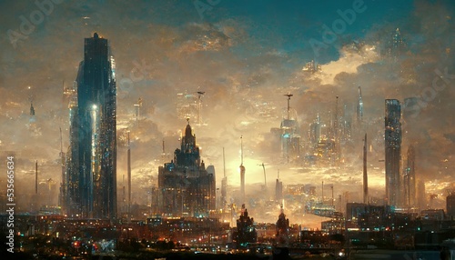 magnificent digital oil painting of a fantasy cityscape under cloudy skies, 45 degree overcast of golden hour sunlight, vast and stunning environment