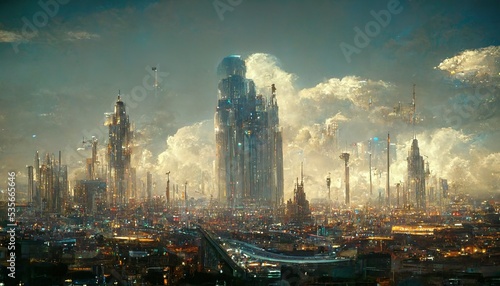 magnificent digital oil painting of a fantasy cityscape under cloudy skies, 45 degree overcast of golden hour sunlight, vast and stunning environment