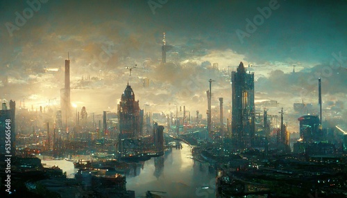 magnificent digital oil painting of a fantasy cityscape under cloudy skies  45 degree overcast of golden hour sunlight  vast and stunning environment