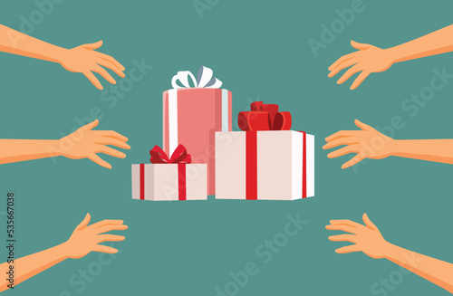 People Reaching for a Gift Pile Vector Cartoon Illustration. Happy family sharing presents during the holiday season
