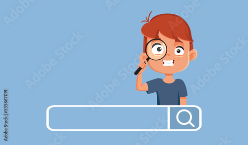 Little Boy Searching the Internet with Magnifying Glass Vector Cartoon. Student learning to browse for information online discovering interesting data

