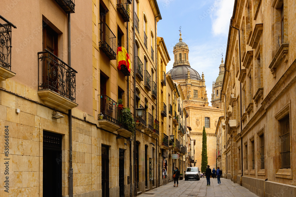 Scenic view of typical narrow cobbled street between medieval stone townhouses in Salamanca against backdrop of huge baroque dome of La Clerecia on spring day, Spain