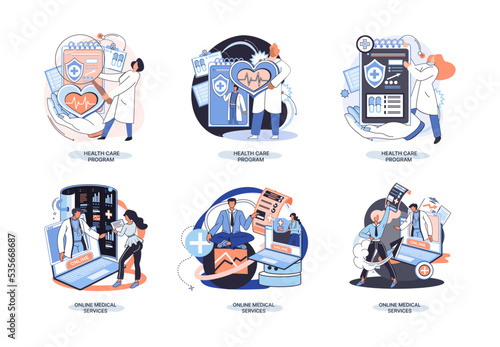 Health care program metaphor, online medical services, protection medicine. Medical insurance, hospital services, preventive check up, sick leave certificate treatment diagnosis patients, telemedicine