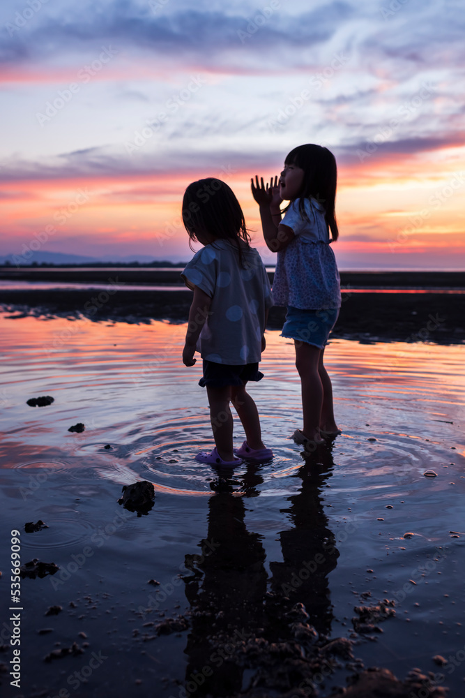 Fototapeta premium 真玉海岸の夕日と海岸で遊ぶ子供のシルエット
