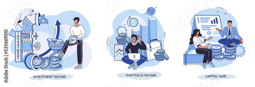 Capital gain, portfolio income, investment income. Investments and bonds, cash flow money slot, mutual fund, finance abstract metaphor. Money investing financiers analyzing stock market profit dollars