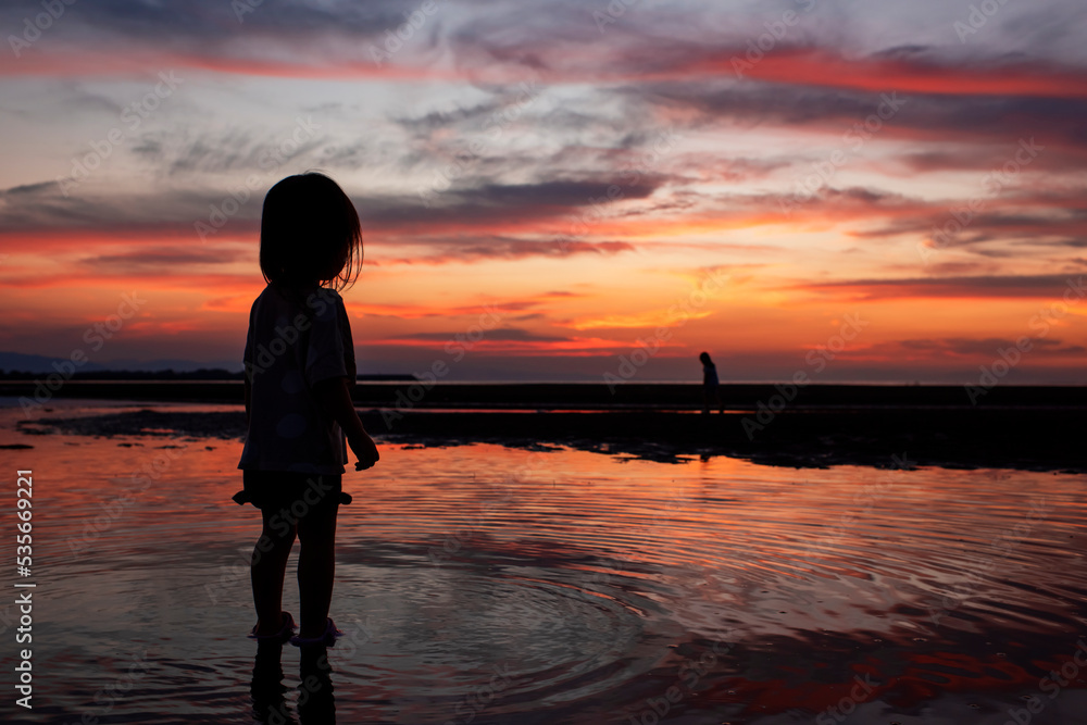 真玉海岸の夕日と海岸で遊ぶ子供のシルエット