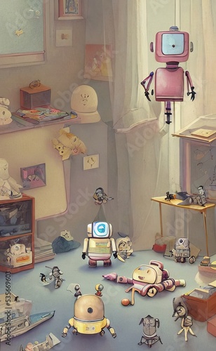 Robot toys playing on the floor of a bedroom, storybook illustration photo