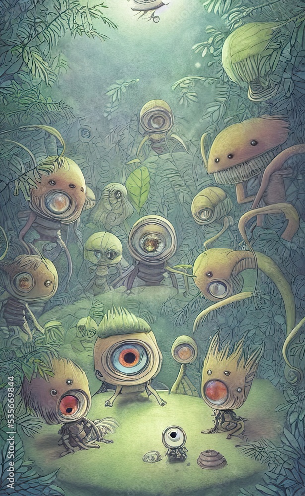 Aliens with big eyes in an alien forest on an alien planet, storybook ...