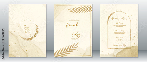 Wedding invitation card template luxury of gold design with leaf wreath frame and watercolor texture background
