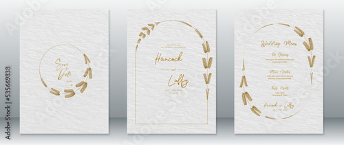 Wedding invitation card template luxury of gold design with leaf wreath frame and watercolor texture background