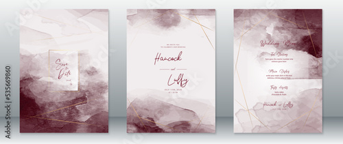 Wedding invitation card luxury design template with gold lines and deep red watercolor background