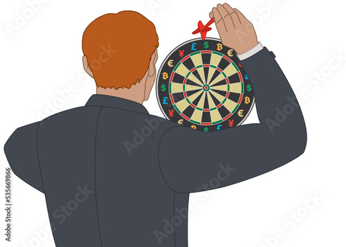 business man throwing dart at dart board with different currency symbols isolated on white background