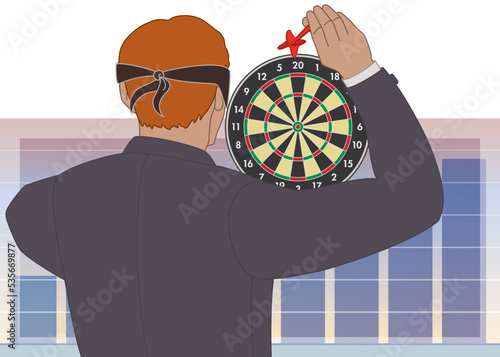 business man wearing blindfold throwing dart at dart board with bar graph on a light background