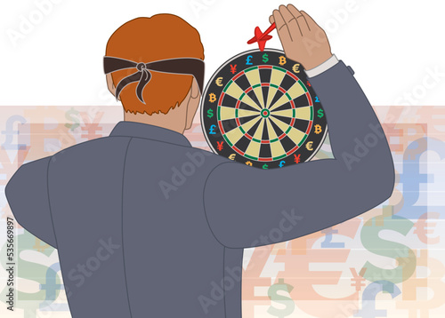 business man wearing blindfold throwing dart at dart board with different currency symbols with bar graph on a light background
