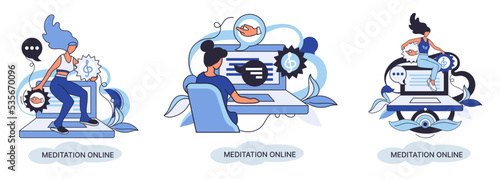 Meditation online metaphor. Classes on laptop, practicing yoga, mental exercises. Live stream, internet education. Wellness practice restore peace mind. Healthy lifestyle, clearing brain and managing
