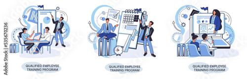 Qualified employee training program. Refresher course metaphor. Help in professional development. Learning for software development and growth. Agile project management team project life scrum meeting