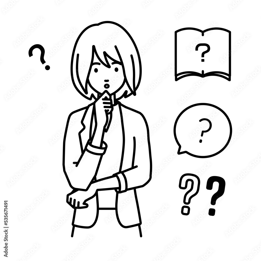 立って手をあごにあてて疑問を感じているジャケットの女性 クエスチョンマークのセット