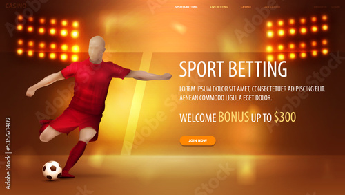 Sports betting, orange banner for website with soccer player on background with stadium arena with spotlights