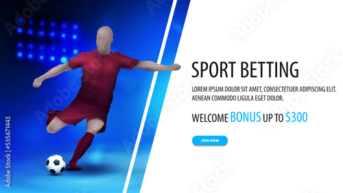Sports betting, white and blue banner with soccer player on background with stadium arena with spotlights