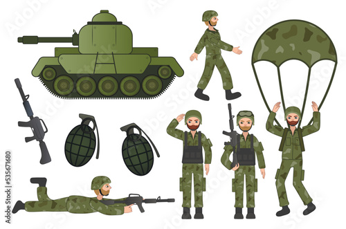 Soldiers and different items on white background