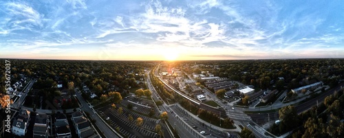 Aerial wide panoramic view of downtown Wheaton, Illinois. USA photo