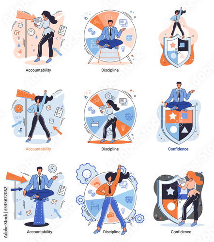 Accountability and discipline personal quality abstract concept vector illustration set, mental strength, decision making, leadership role abstract metaphor. Sound financial management, frugality