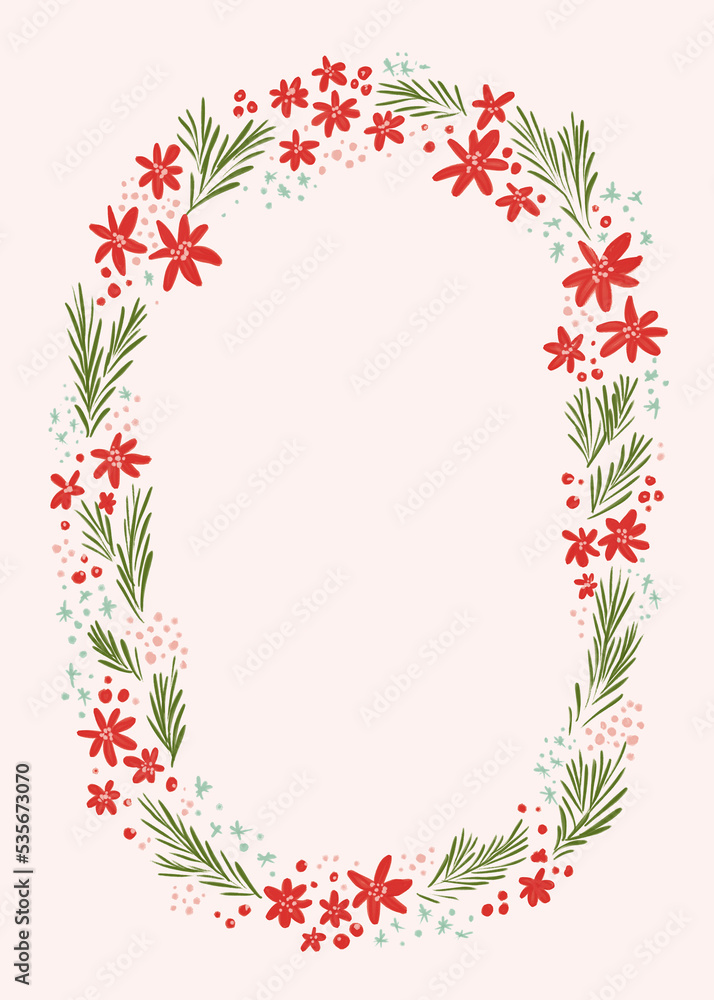 Digital illustration of wreath with red poinsettia flowers and fir on pink background Digital illustration of wreath with red poinsettia flowers and fir on pink background