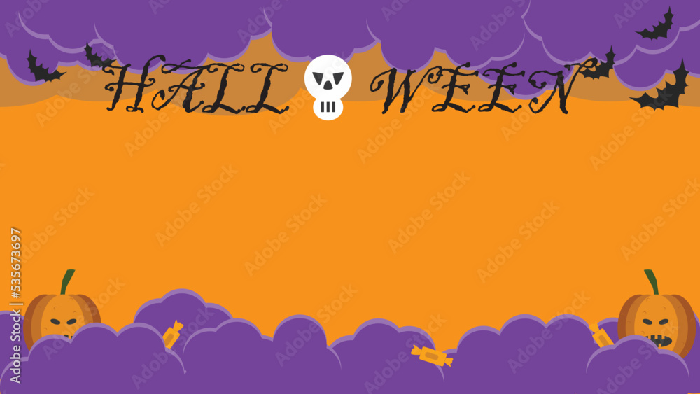 Happy Halloween party template with night clouds and pumpkins in paper cut style. Vector illustration. Flying bats, candy and skulls. Place for text. Background