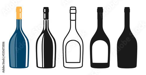 Wine bottle symbol set, silhouette, icon, stamp engraving design. Alcohol beverages sparkling wine champagne liquor. Celebration winemaking advertisement bottles mockup for bar, cafe restaurant vector