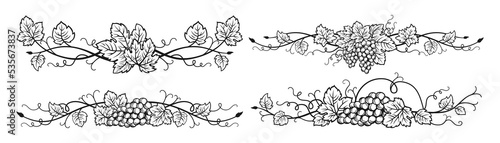 Grape vine divider bunches sketch ink set. Vintage hand drawn wine decorations border, floral grapes berry frame. Decorative elements antique vineyard ornament for packing vector design © neliakott