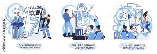 Qualified employee training program. Refresher course metaphor. Help in professional development. Learning for software development and growth. Agile project management team project life scrum meeting