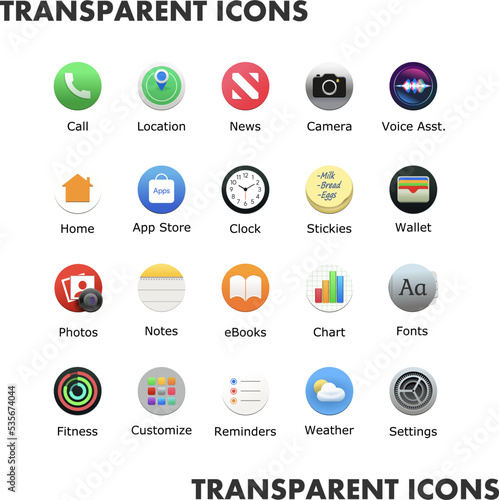 Transparent icons for web and mobile applications set. Desktop icon pack. Round Premium smartphone app shortcuts. Customize theme. Vector illustration
