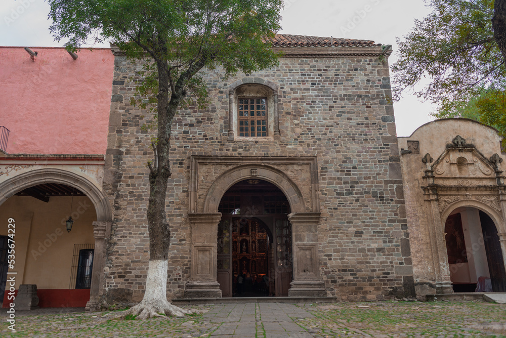 Tlaxcala, Tlaxcala, 09 18 22, landmark for tourists, main entrance of the convent of Our Lady of the Assumption, summer day with blue sky