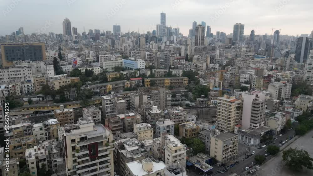 Aerial drone shot in Beirut above streets and buildings Aerial drone shot in Beirut above streets and buildings