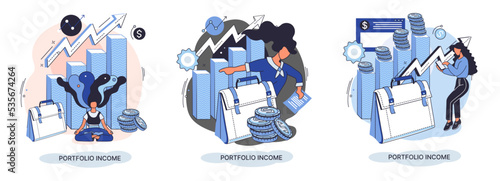 Investment portfolio income dollars currency, buy sell trading, market exchange value metaphor, businessman investor or trader balance portfolio with coins. Financiers analyzing stock market profit