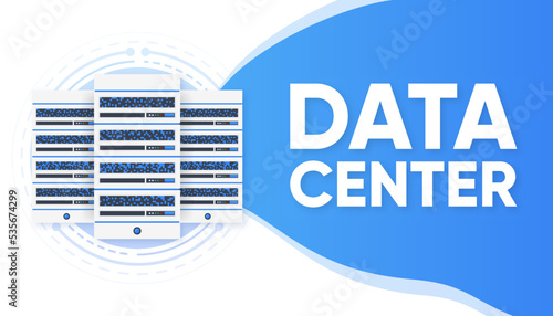 Data Processing Center. Abstract digital storage. Connecting the server farm to the Internet. Database concept. Vector illustration.