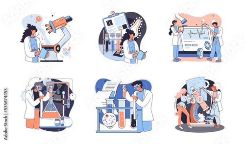 Medical research. Laboratory diagnostic services, medical device design development scenes metaphor. Scientists in hemistry clinic laboratories, microbiology pharmaceutical research. Vaccine discovery