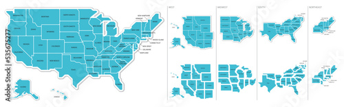 アメリカ合衆国の地図　4地域の州分け　州名入り