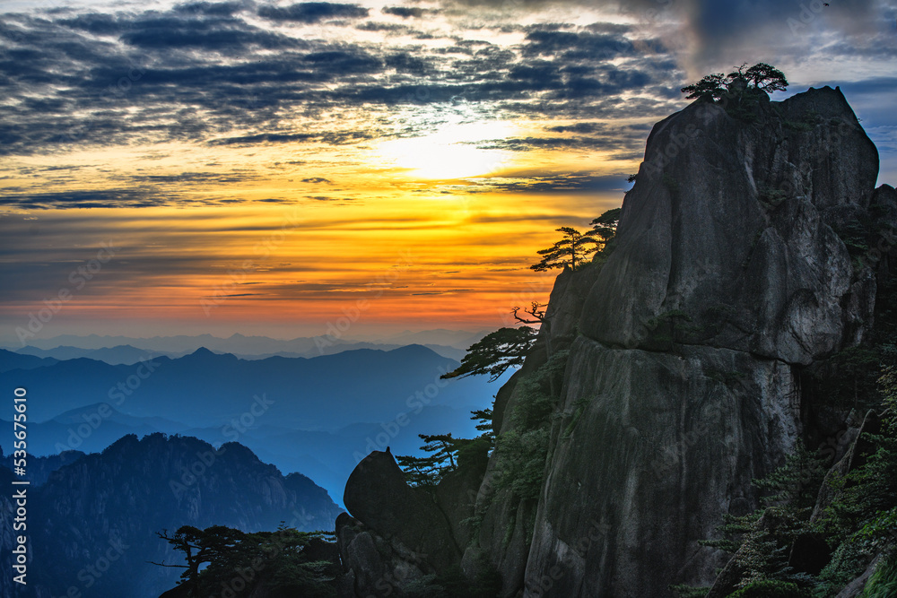 Peaceful sunrise at Mount Huangshan in China