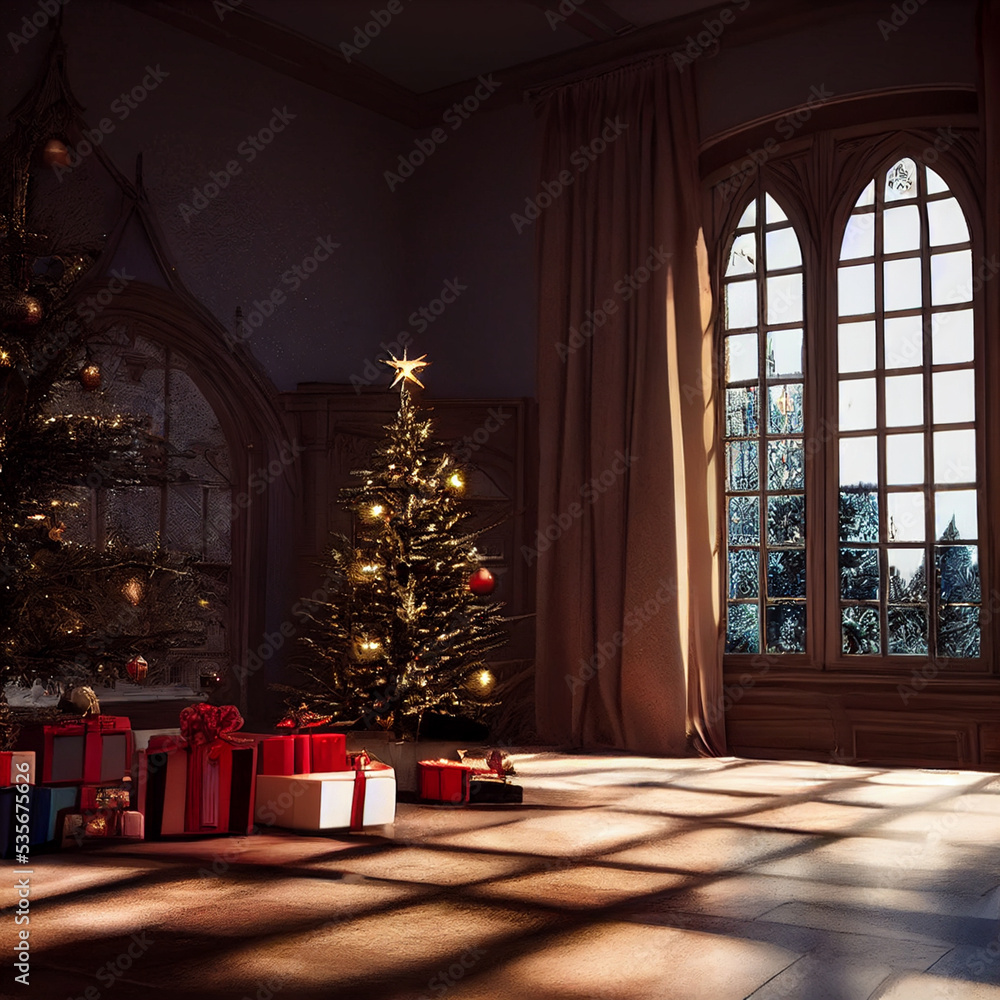 Castle halls decorated for Christmas. High quality illustration