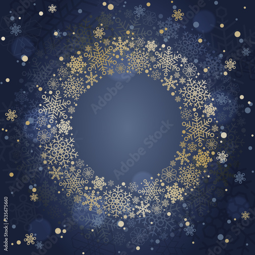 キラキラした雪の結晶の金色リースのクリスマス背景イラスト